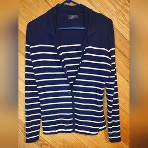 Cyrus Navy and Tan Striped Women's Single Button Front Cardigan Small Sweater